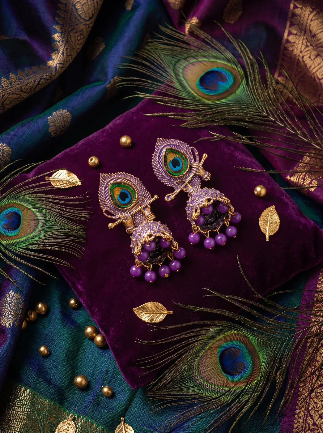 Purple Gold Plated Peacock Jhumka Earrings for Women