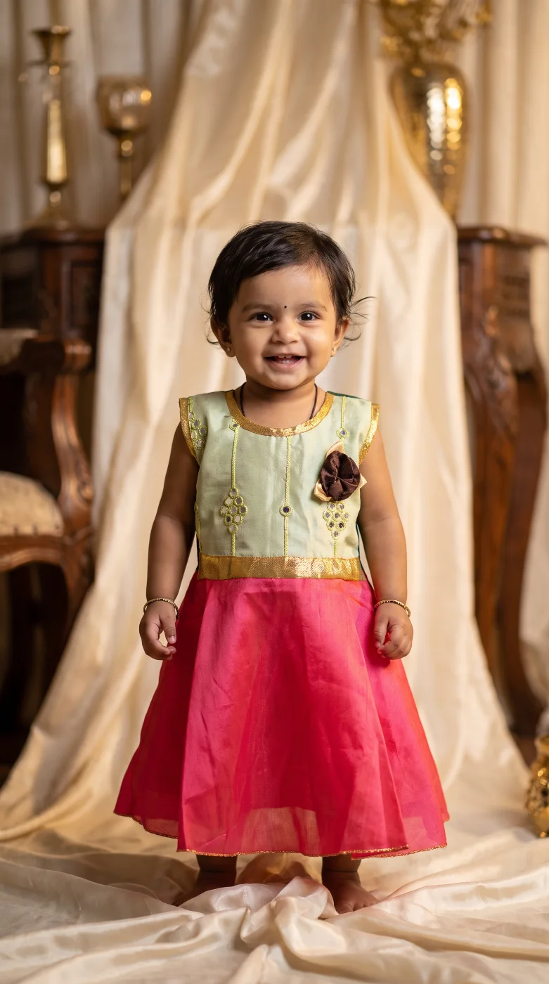 Baby Girl's Pink and Green Traditional Festive Dress