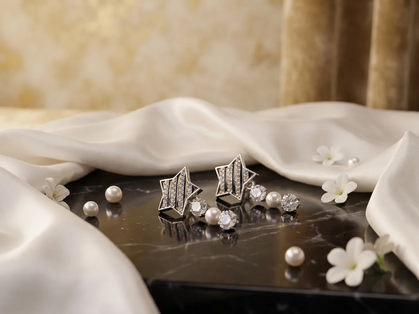 Elegant Star Shaped Stud Earrings with Pearls and CZ Diamonds