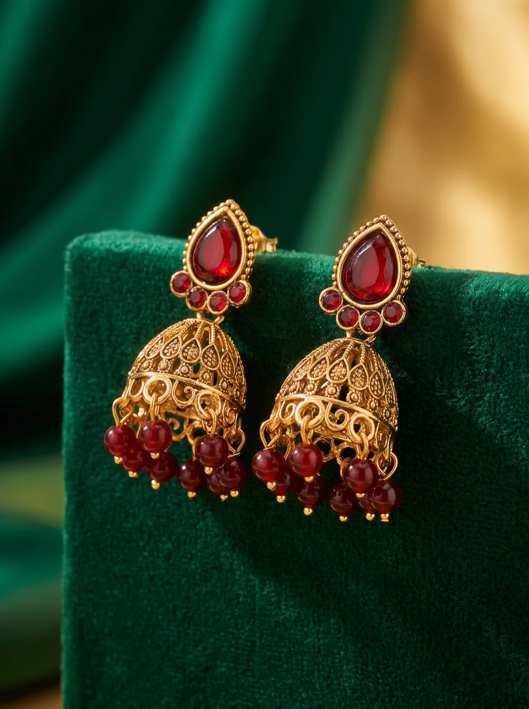 Gold Toned Red Stone & Bead Jhumka Earrings for Women