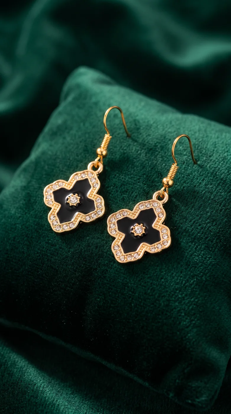 Girls Gold-Toned Black Clover Dangle Earrings with Stones