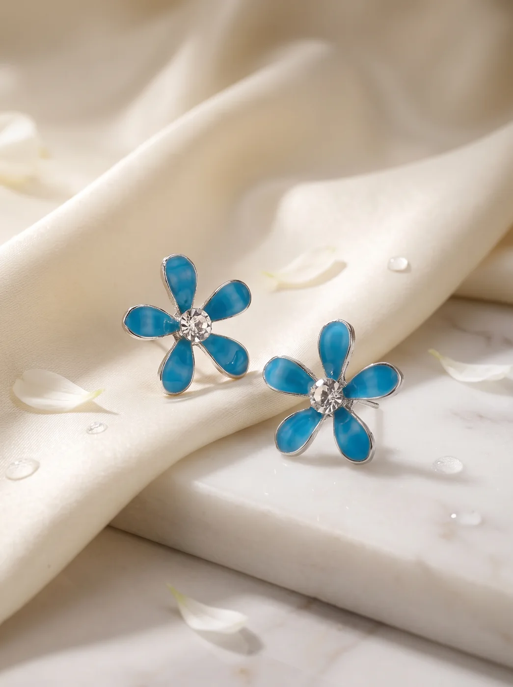 Blue Floral Stud Earrings with Crystal Center for Women