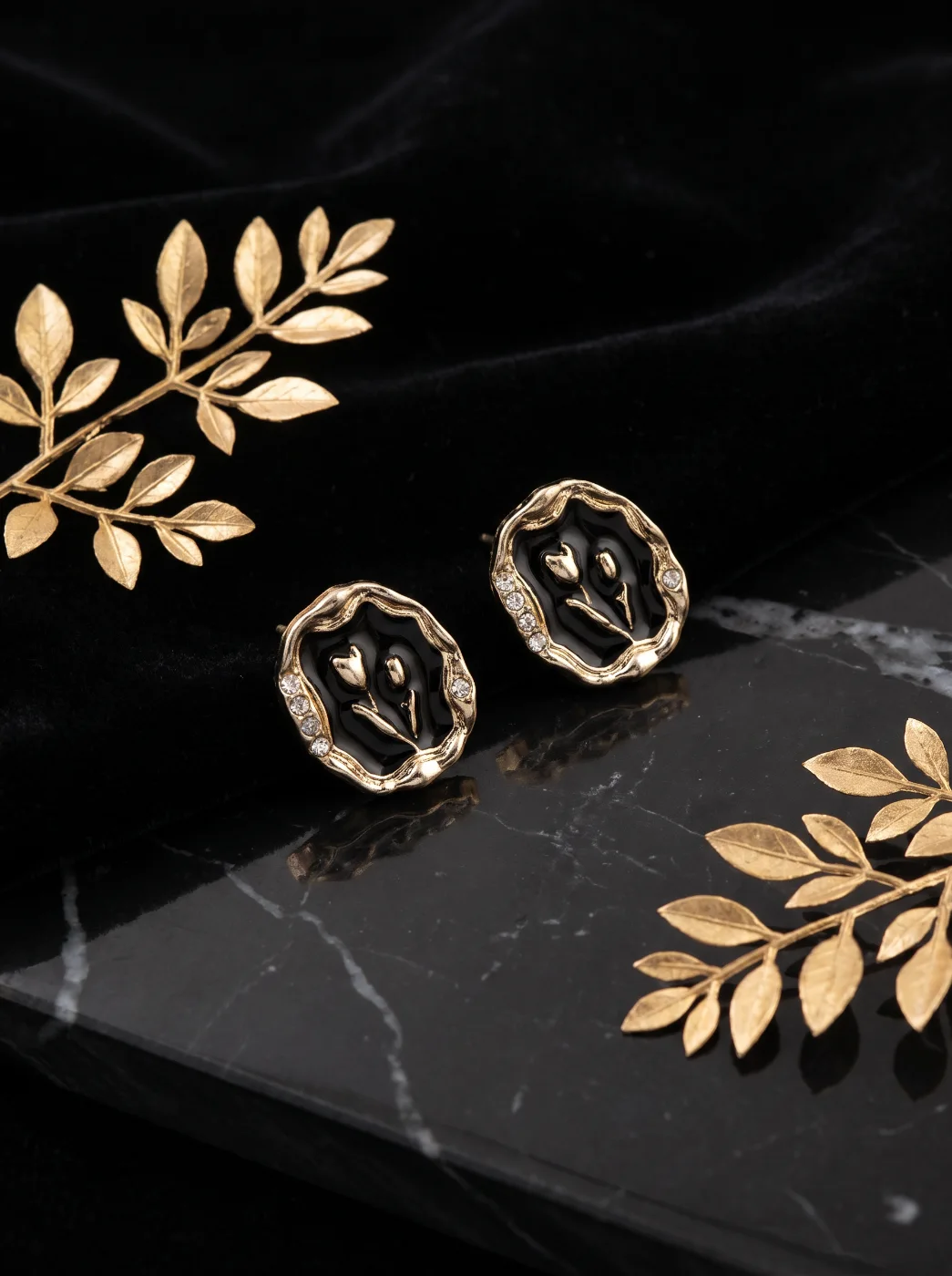 Gold-Toned Black Enamel Floral Stud Earrings with Rhinestones
