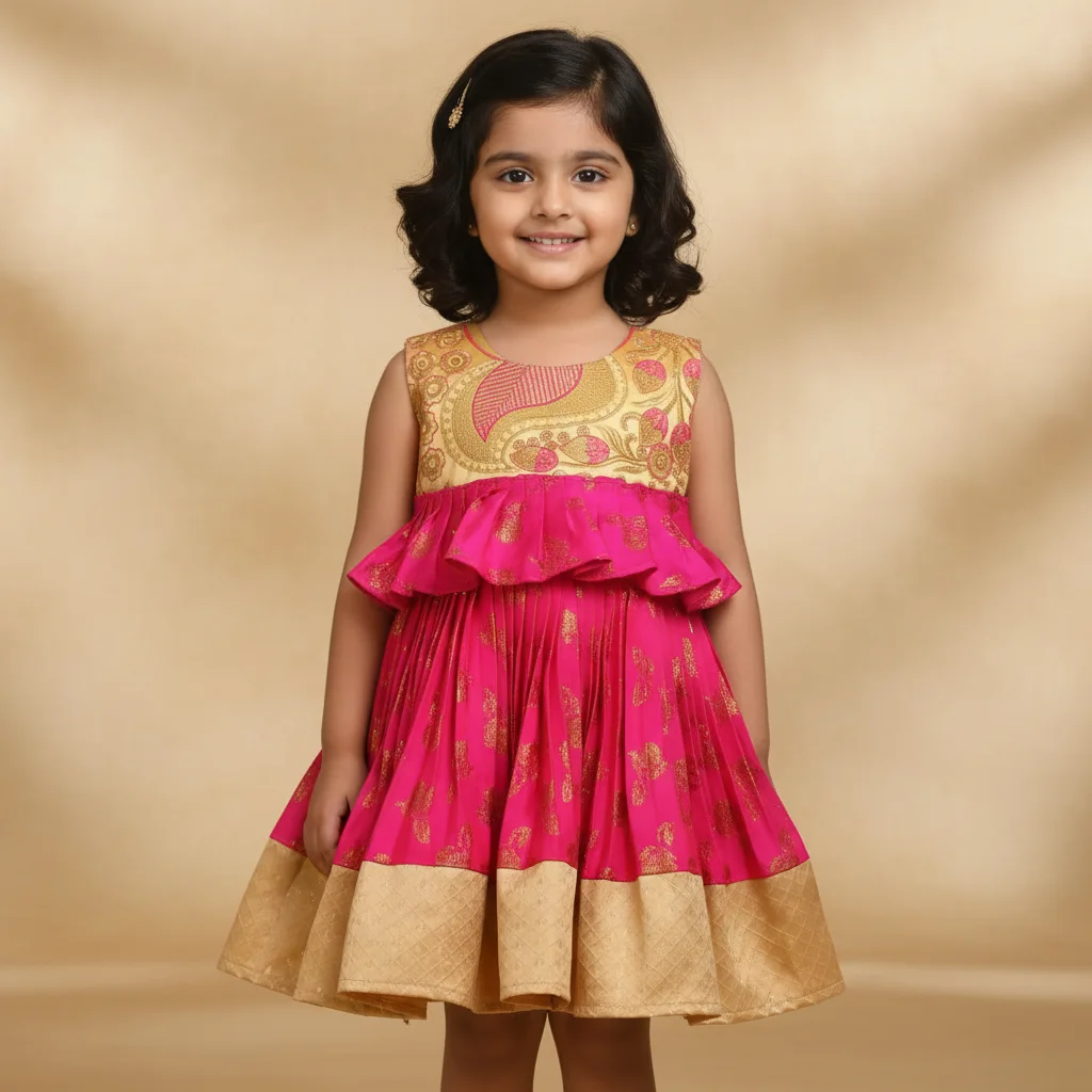 Girls Pink & Gold Embroidered Ethnic Peplum Dress