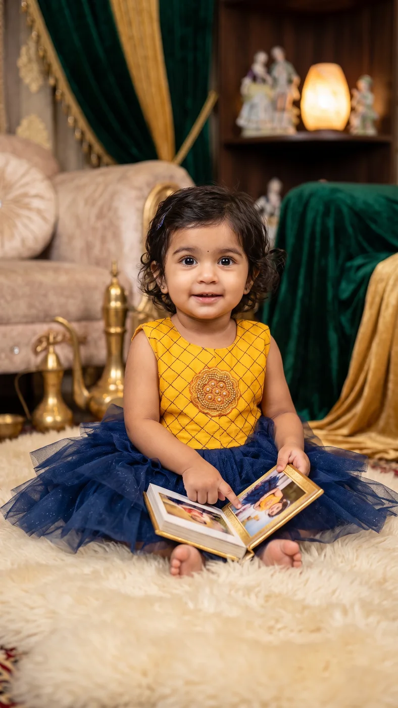 Baby Girl Yellow & Navy Blue Embroidered Tulle Party Dress