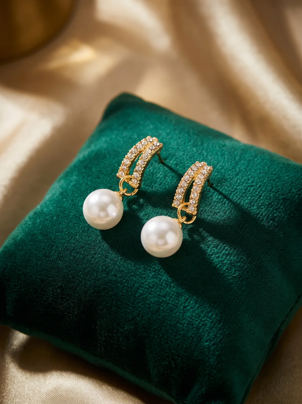 Elegant Gold-Toned Crystal Studded Pearl Drop Earrings for Women
