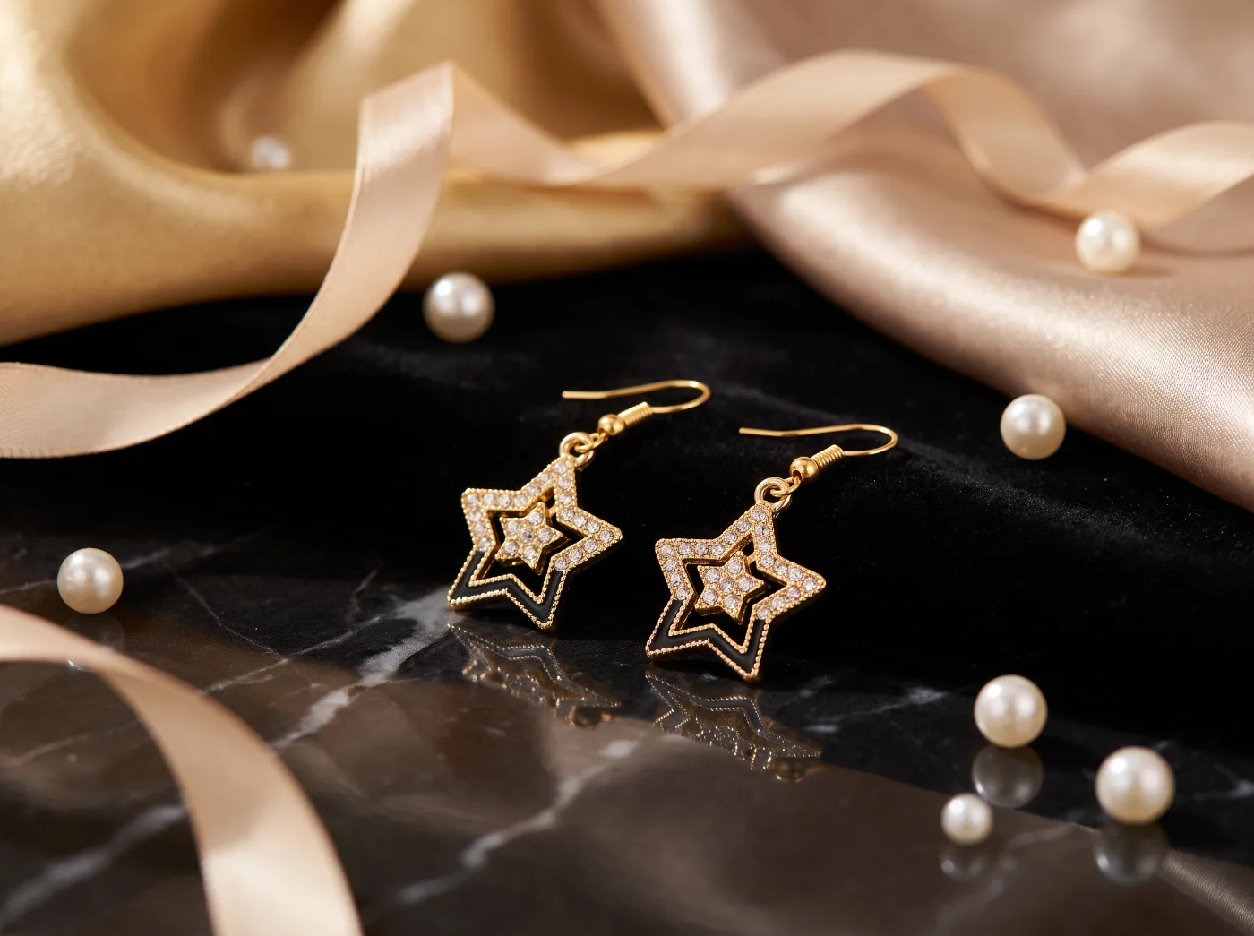 Gold Plated Star Dangle Earrings with Rhinestones for Women
