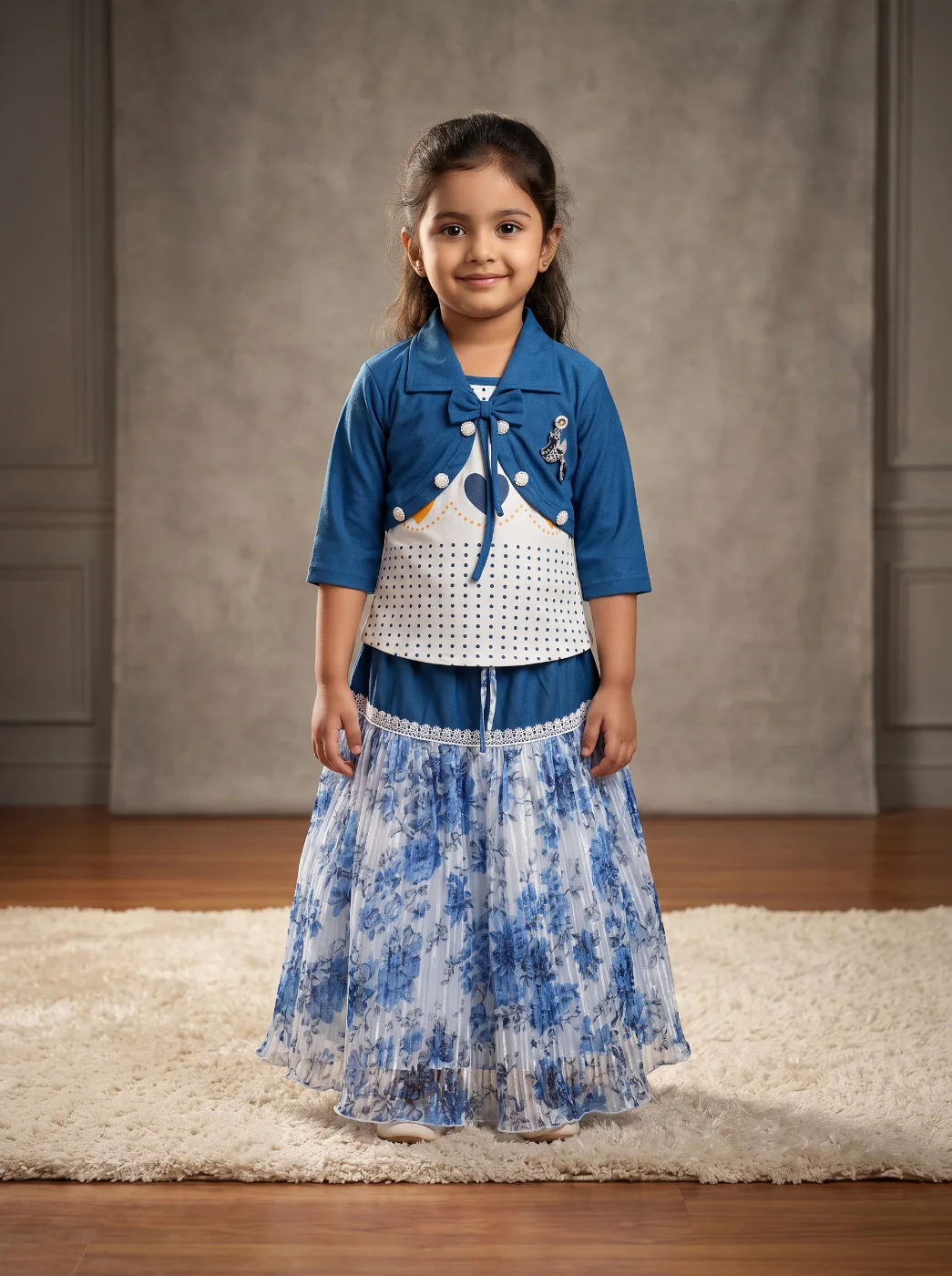 Girls Blue Floral Print Skirt and Top Set with Jacket