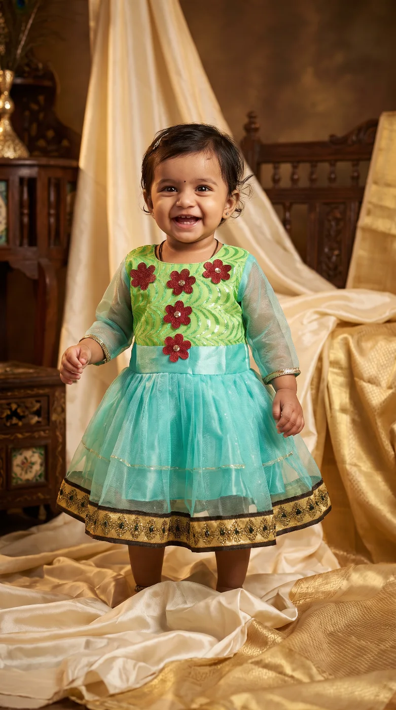 Baby Girl's Green & Teal Net Festive Frock Dress with Floral Appliques