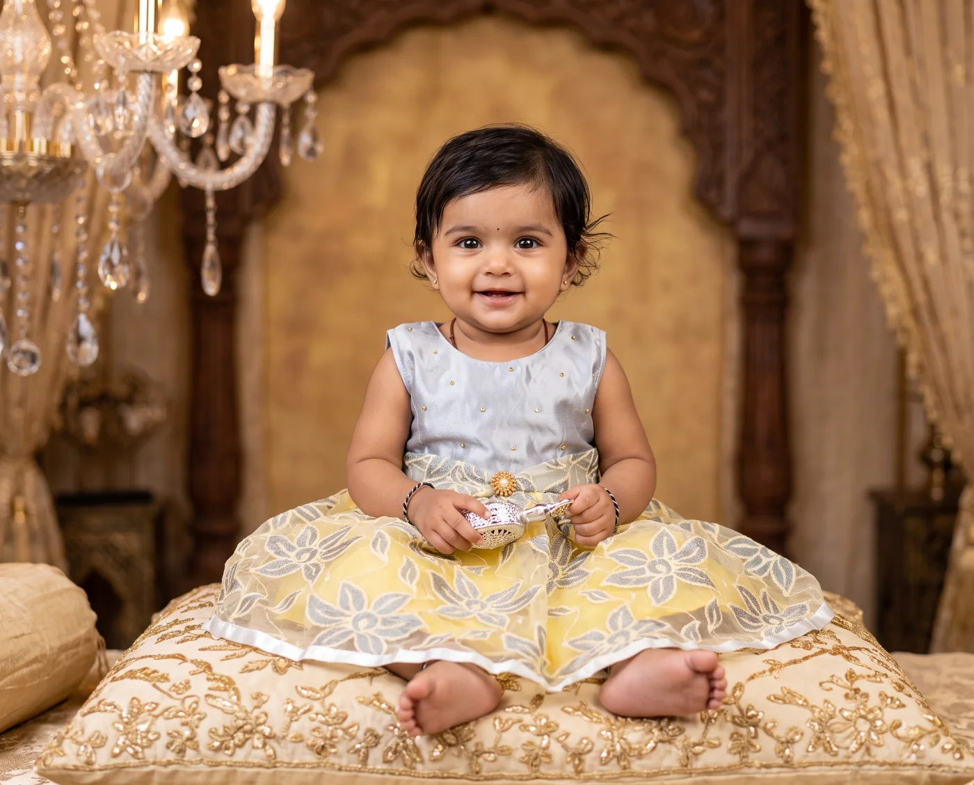 Baby Girl's Sleeveless Grey and Yellow Embroidered Party Dress