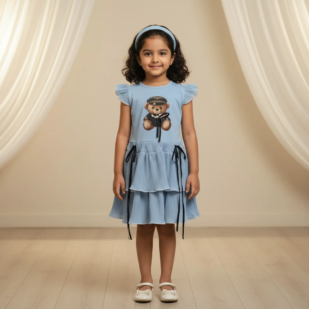 Girls Light Blue Ribbed Tiered Dress with Teddy Bear Pilot Print