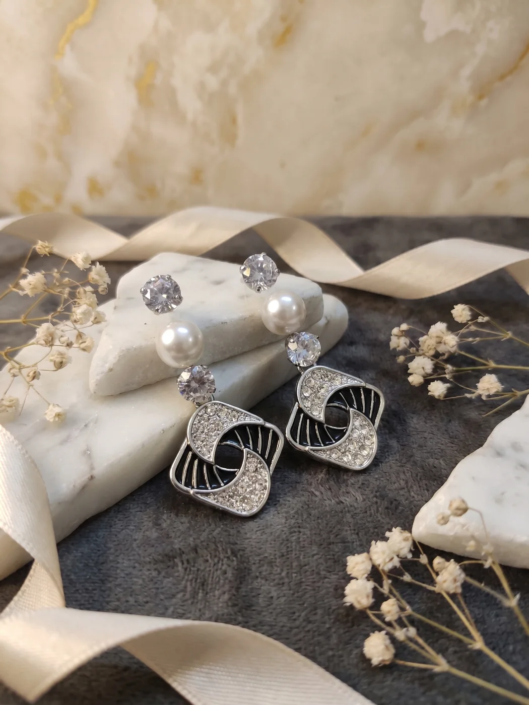Elegant Silver Black Geometric Dangle Earrings with Pearls and Zirconia