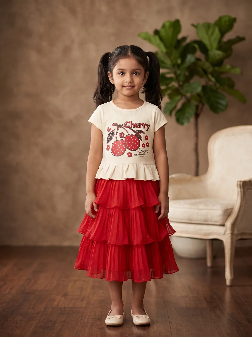 Girls' Cream Cherry Print Top with Red Tiered Skirt Set