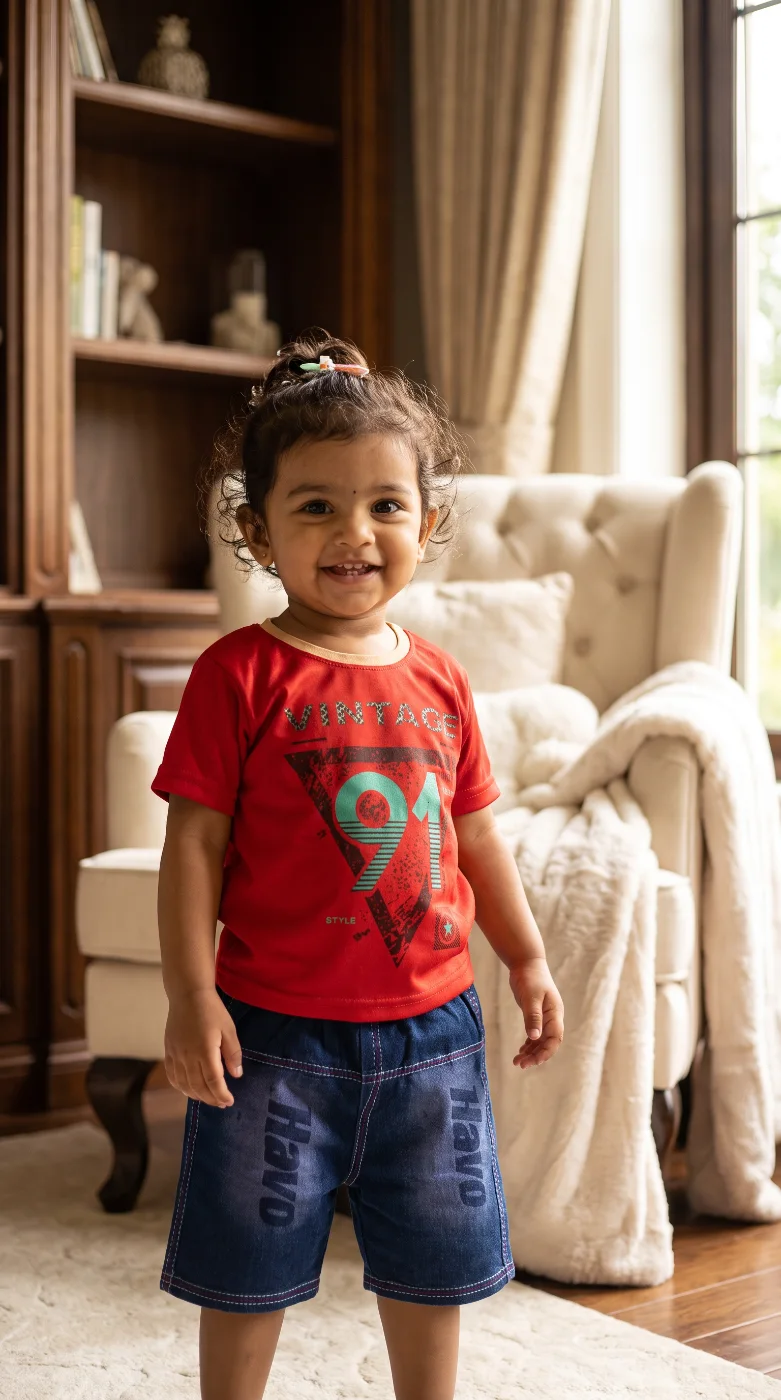 Havo Toddler Unisex Red Graphic T-Shirt & Blue Denim Shorts Set