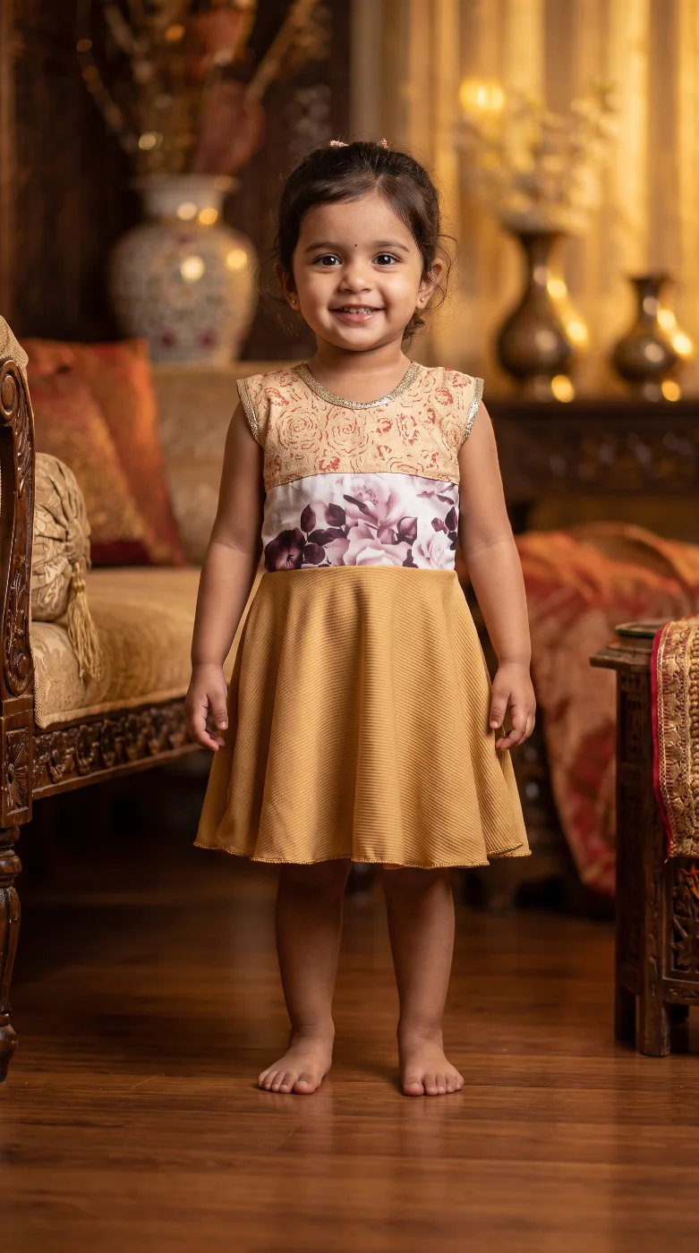 Girls Mustard Gold Floral Print Sleeveless A-Line Dress