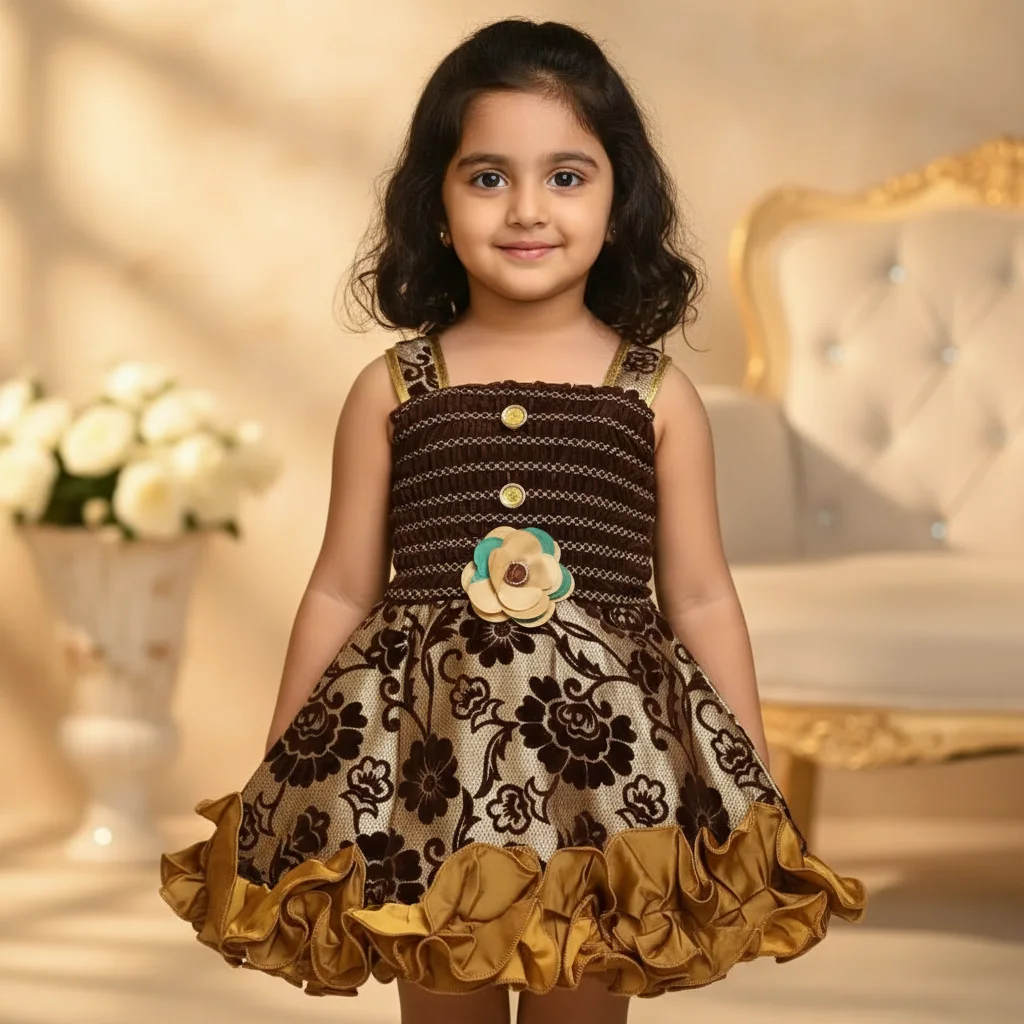 Girls Brown & Gold Floral Party Dress with Ruffles