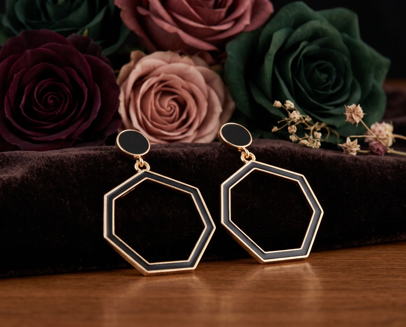 Elegant Gold Plated Black Enamel Hexagon Drop Earrings for Women