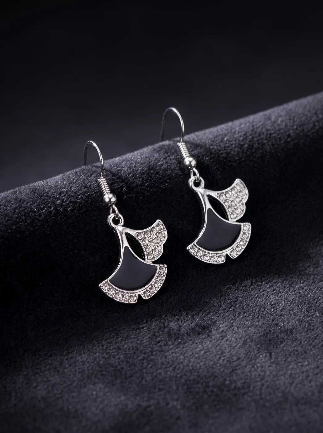 Girls' Black & Silver Ginkgo Leaf Drop Earrings with Rhinestones