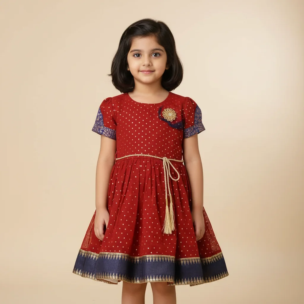 Girls Red Gold Polka Dot Ethnic Dress with Blue Border and Belt