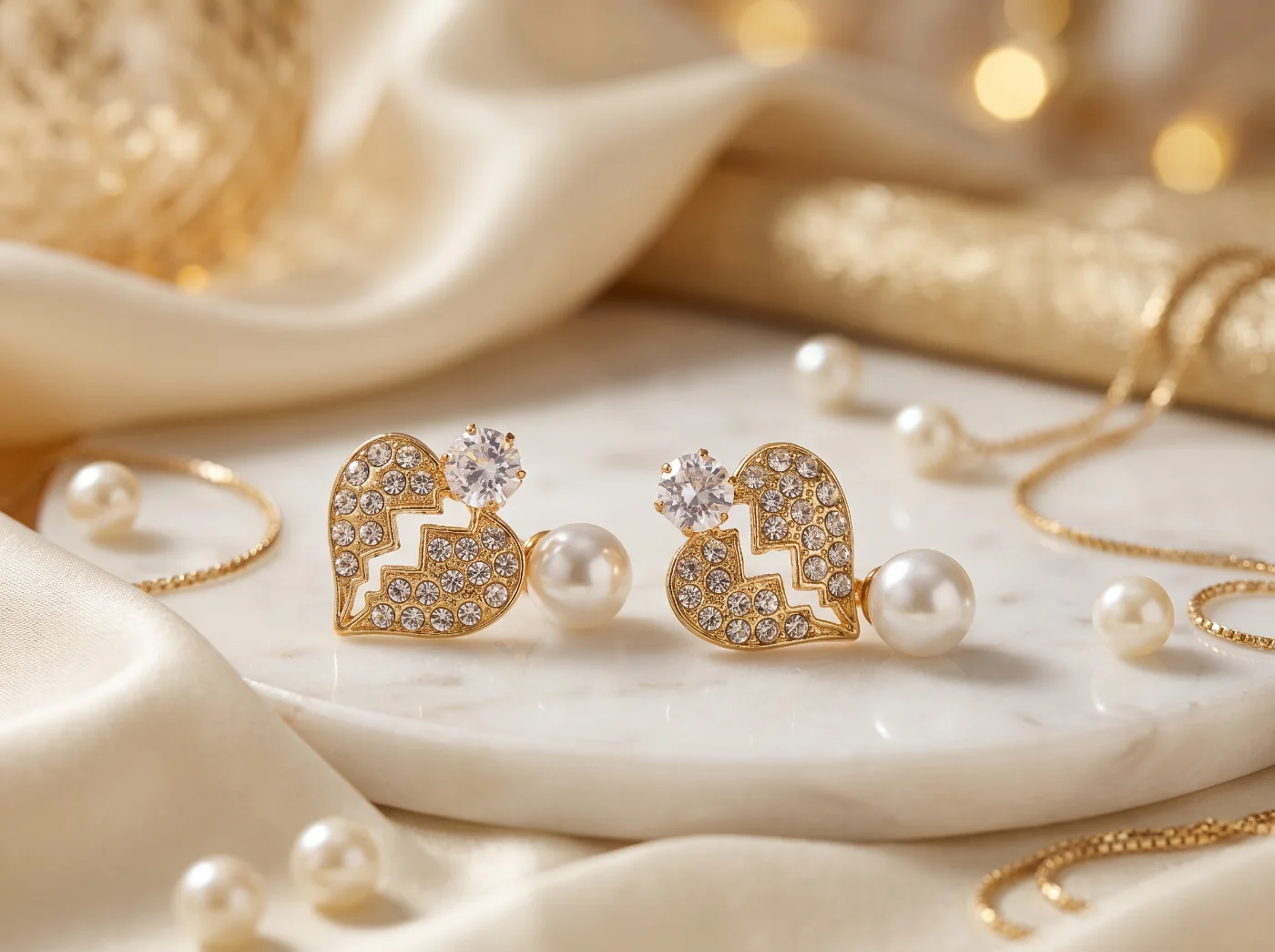 Gold Toned Broken Heart Rhinestone & Pearl Drop Earrings for Women