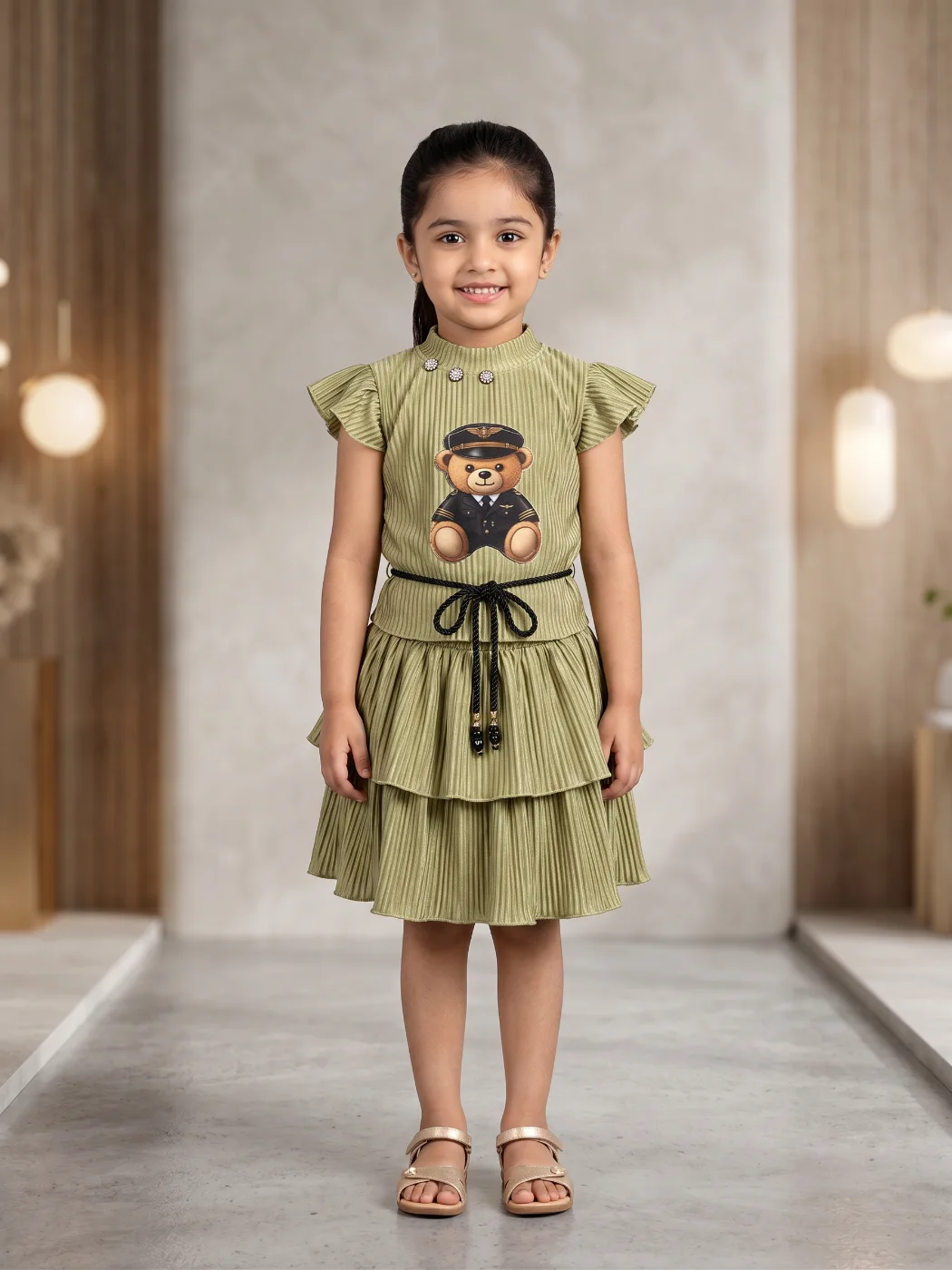 Girls Olive Green Pleated Dress with Pilot Bear Print and Belt