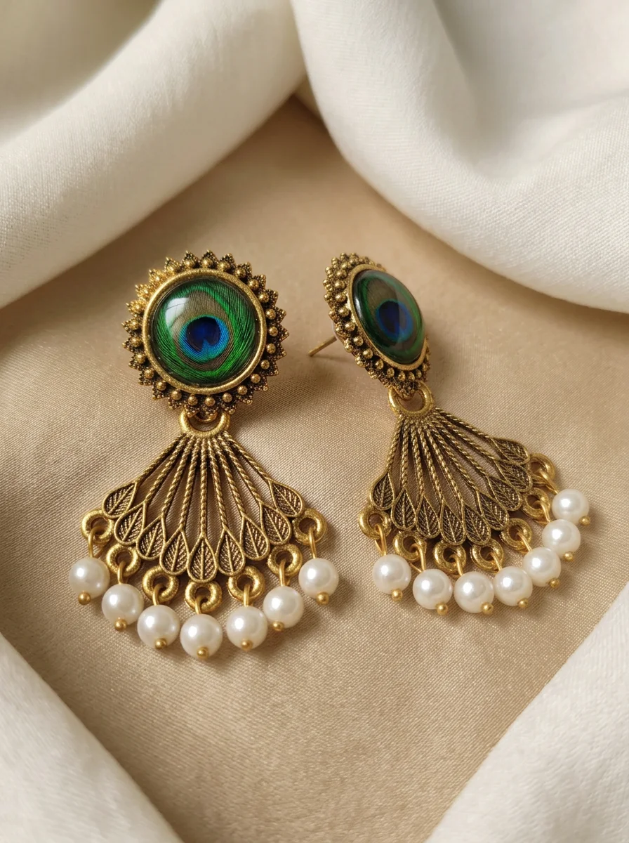 Ethnic Antique Gold Peacock Feather Drop Earrings with Pearls