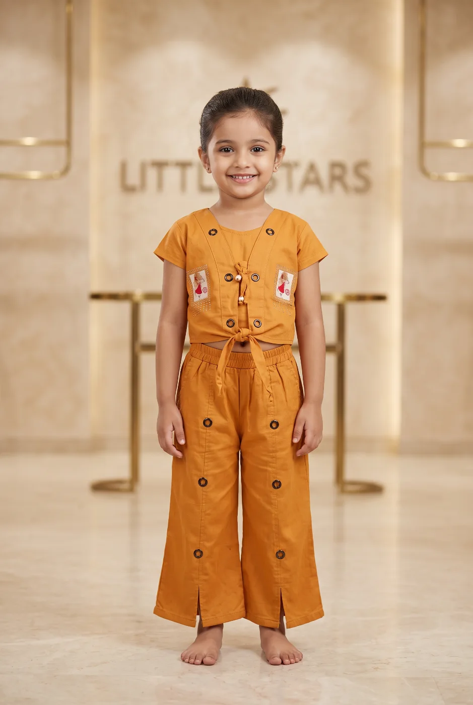 LITTLE STARS Girls Orange Tie-Front Crop Top and Palazzo Co-ord Set
