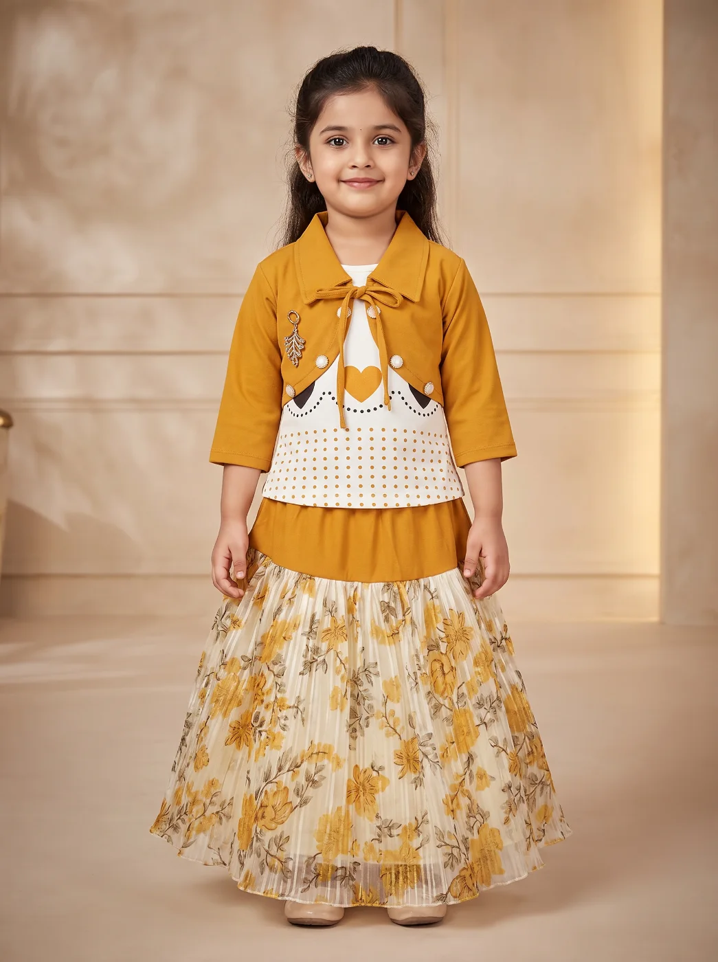 Girls Mustard Yellow Floral Printed Skirt and Top Set