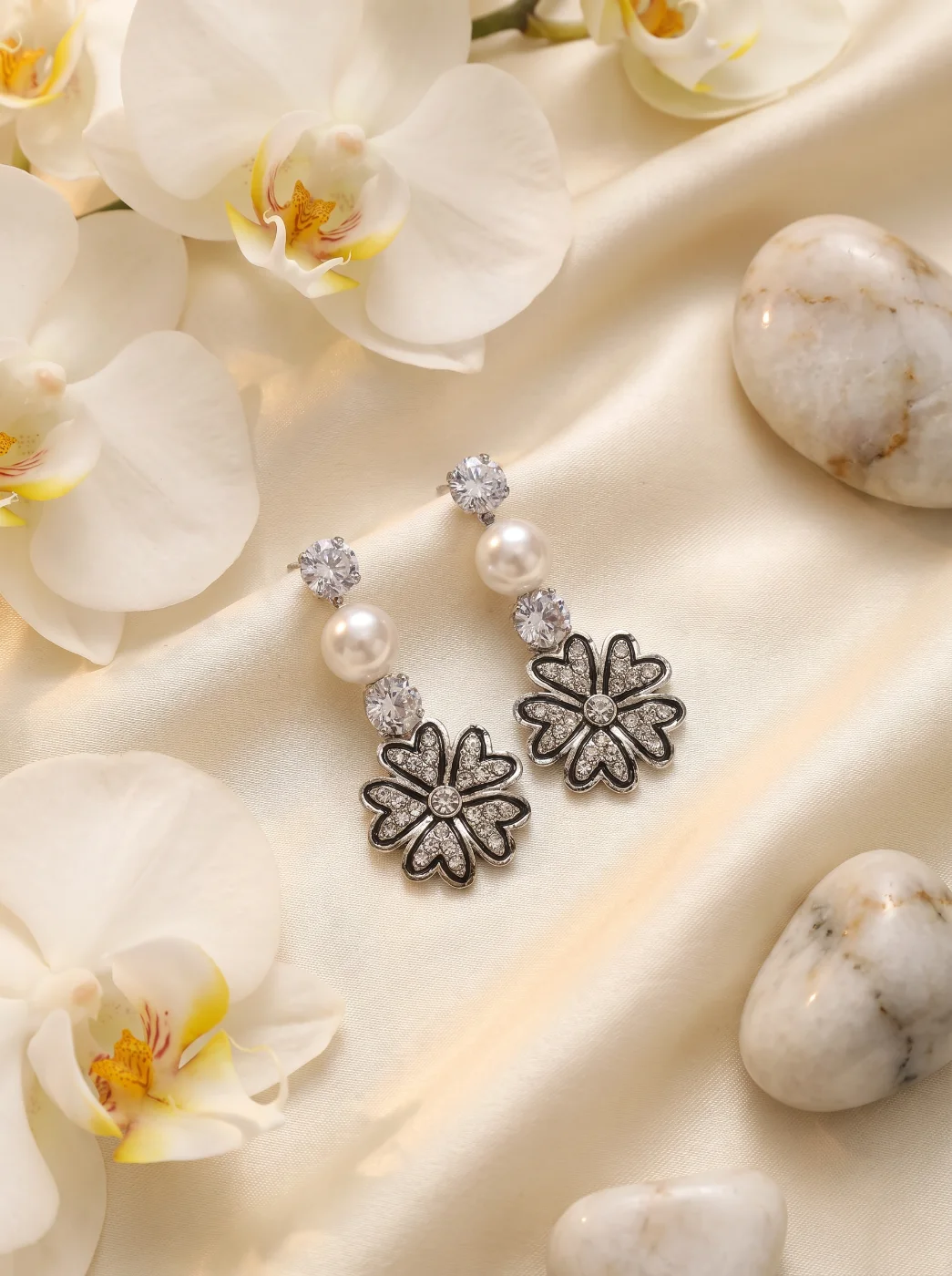 Elegant Pearl & Cubic Zirconia Floral Dangle Earrings for Women