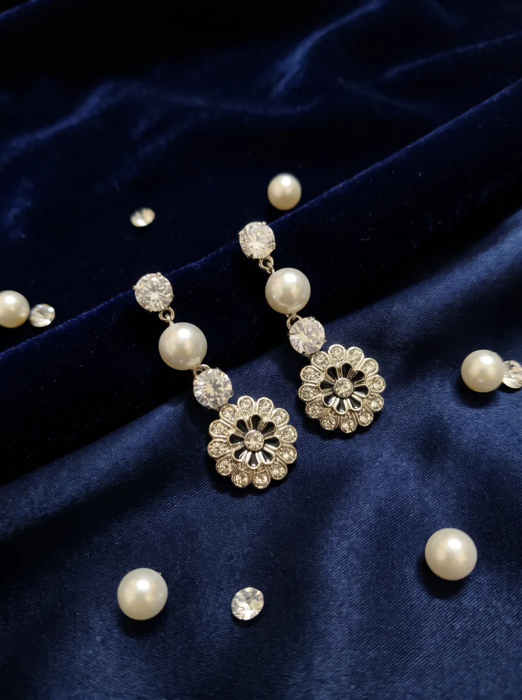 Elegant Pearl & Zircon Floral Dangle Earrings for Women