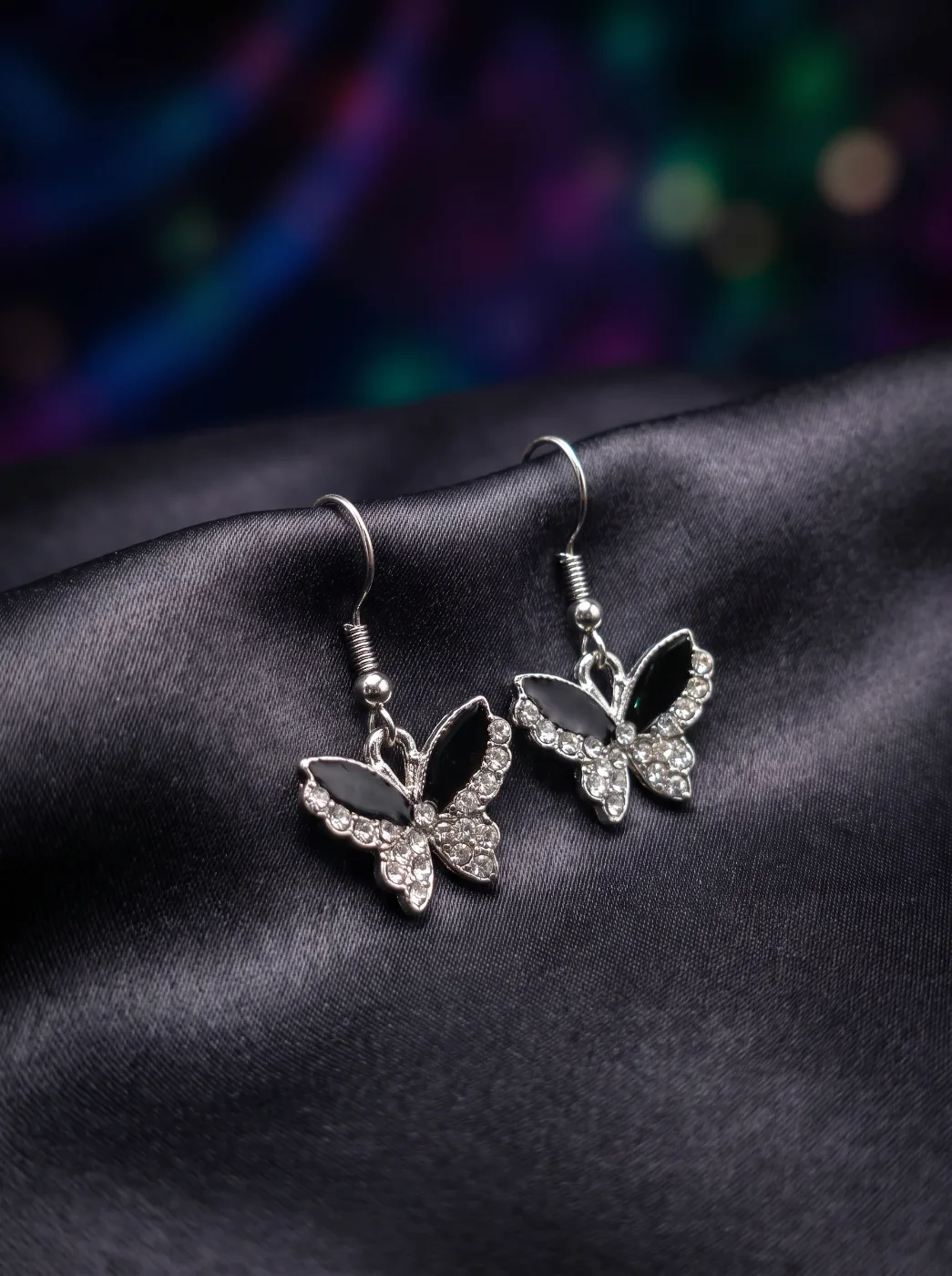 Silver Tone Butterfly Drop Earrings with Black Enamel and Rhinestones for Women
