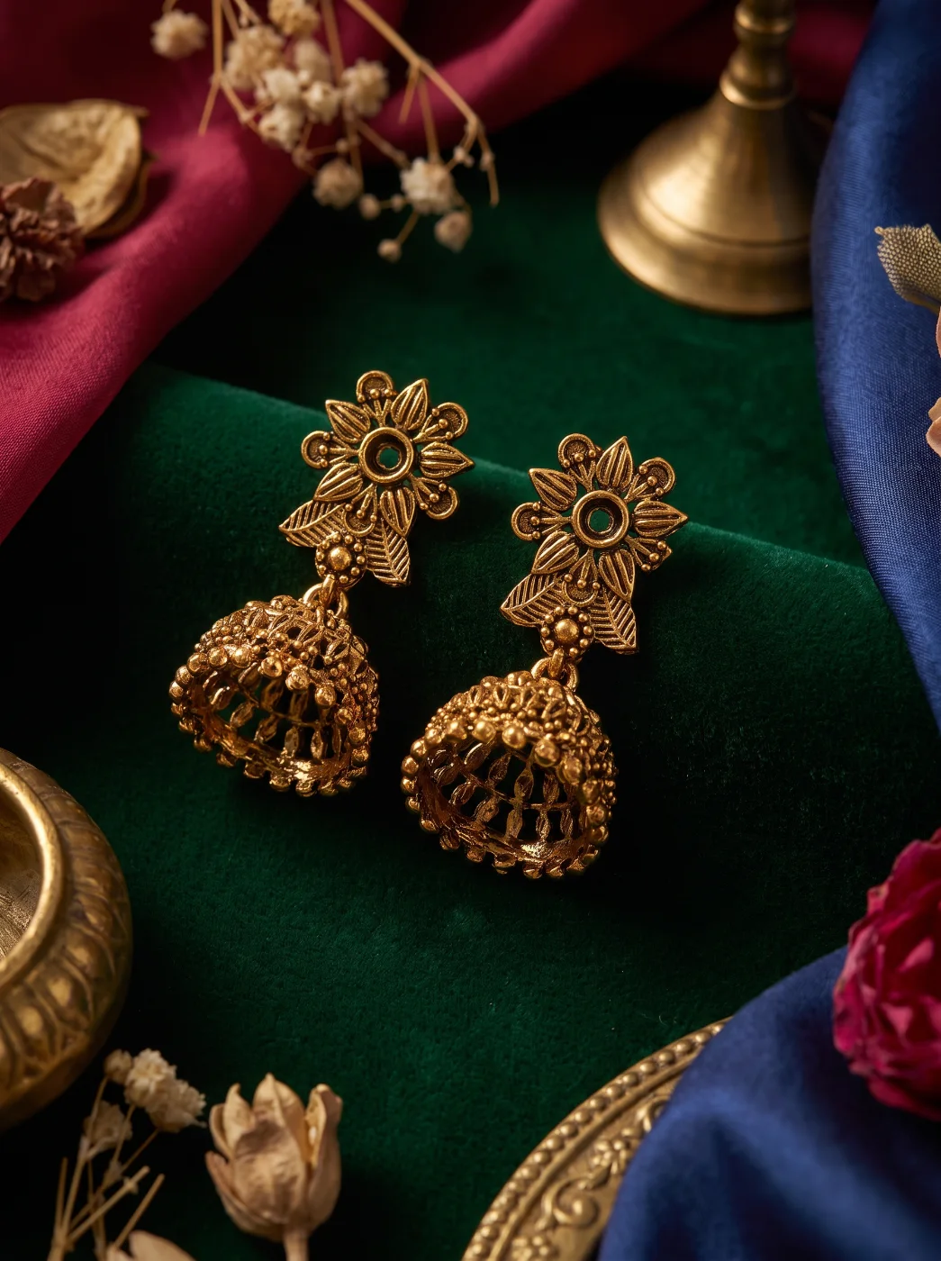 Oxidized Gold Plated Floral Jhumka Earrings for Women