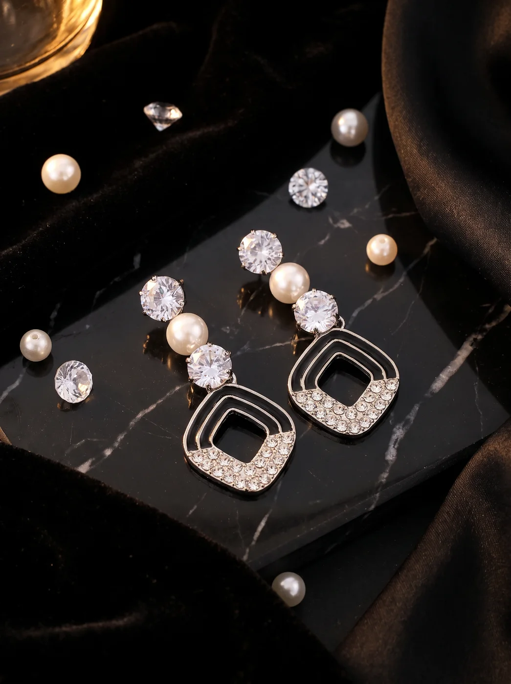 Elegant Black & Silver Geometric Dangle Earrings with Pearls & Zirconia