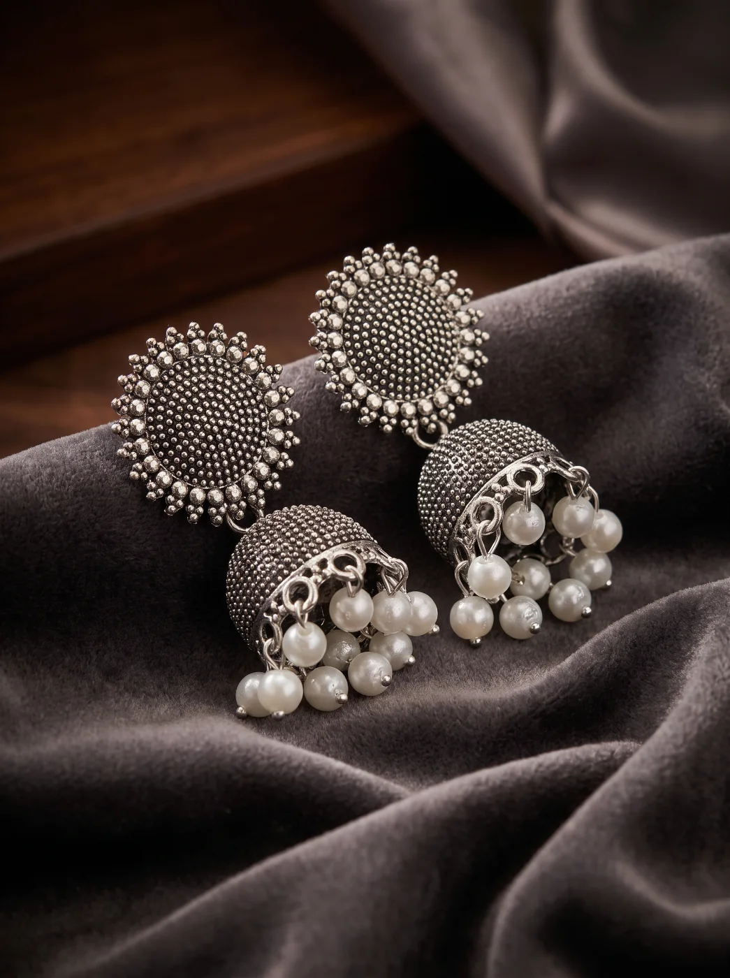 Oxidized Silver Jhumka Earrings with White Pearls for Women