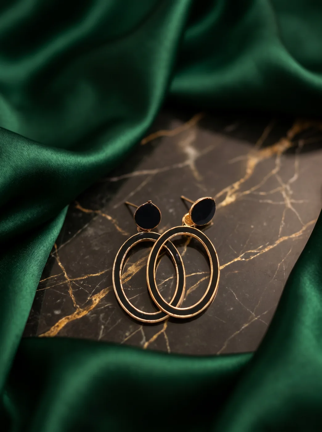 Gold Plated Black Enamel Oval Hoop Drop Earrings for Women