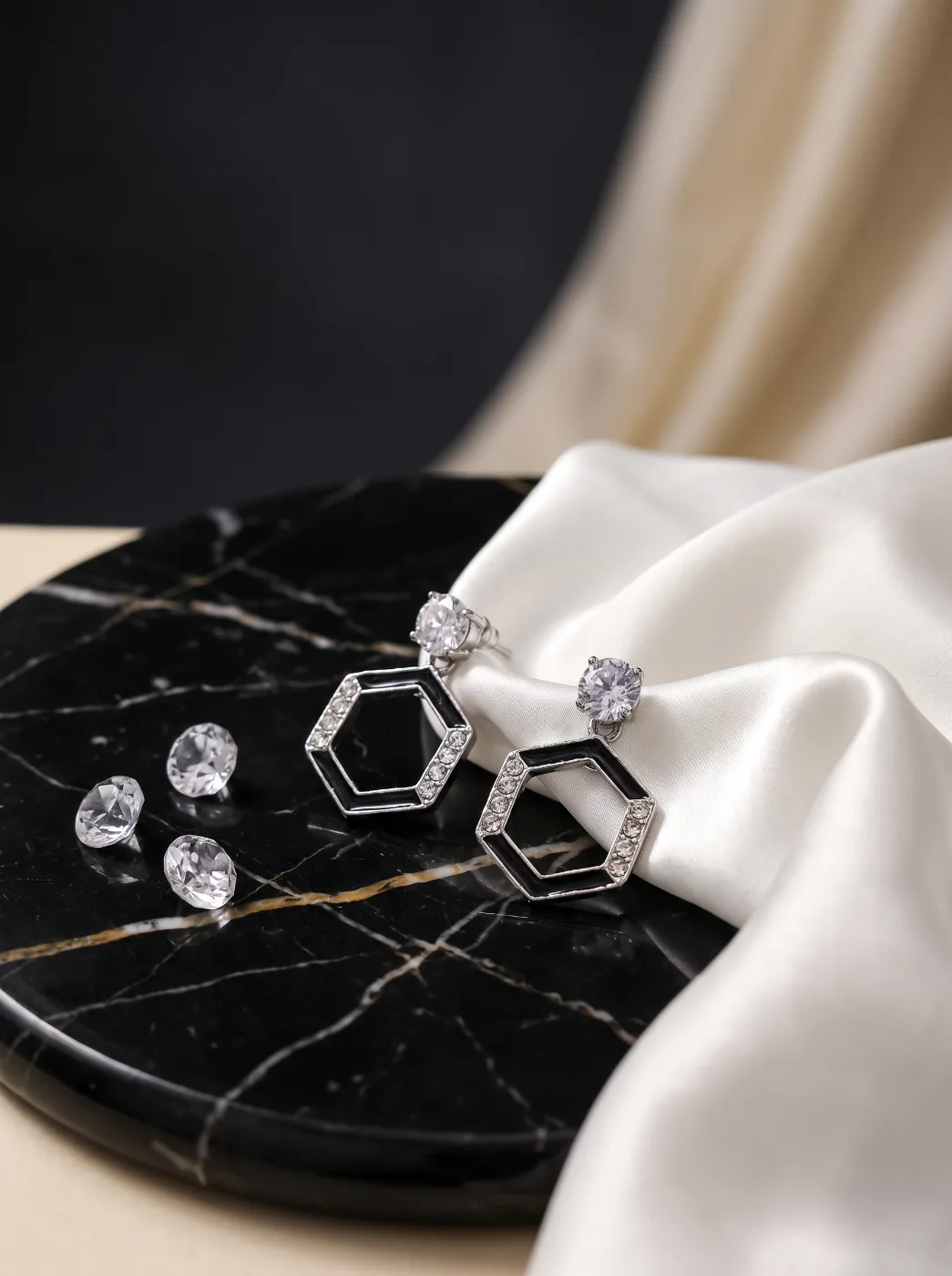 Silver Plated Hexagon Dangle Earrings with Zircon Stones for Women