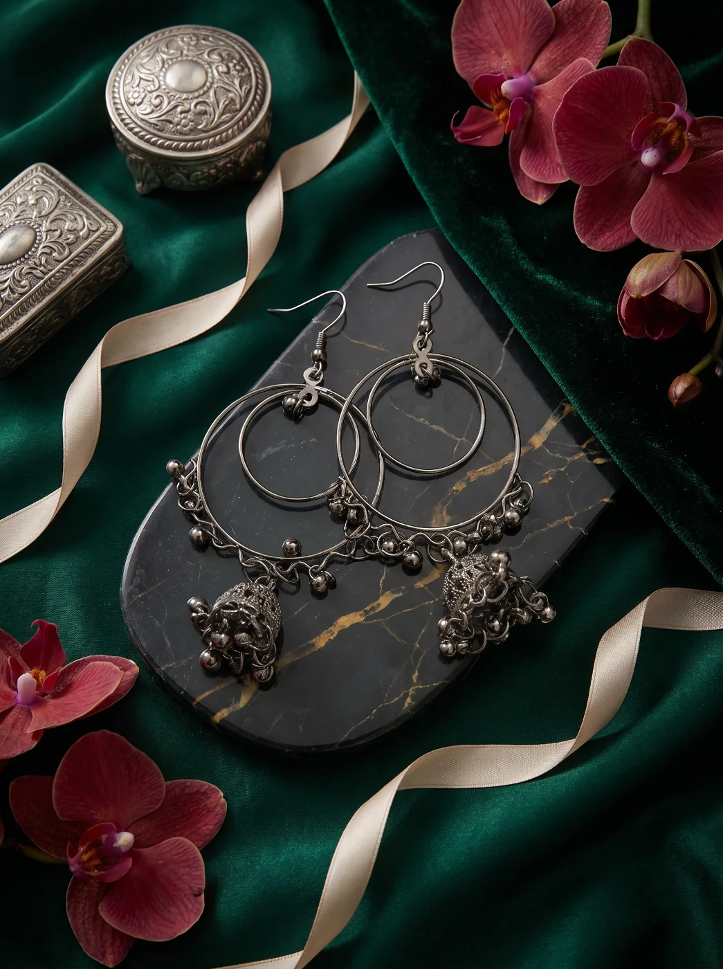 Oxidized Silver Double Hoop Jhumka Earrings with Ghungroos