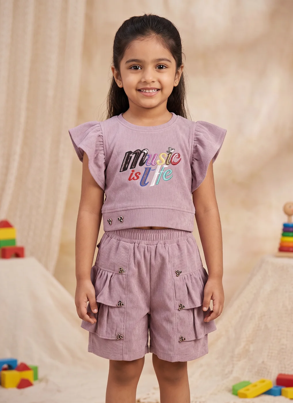 Girls Mauve Ribbed Crop Top & Shorts Set with 'Music is Life' Embroidery
