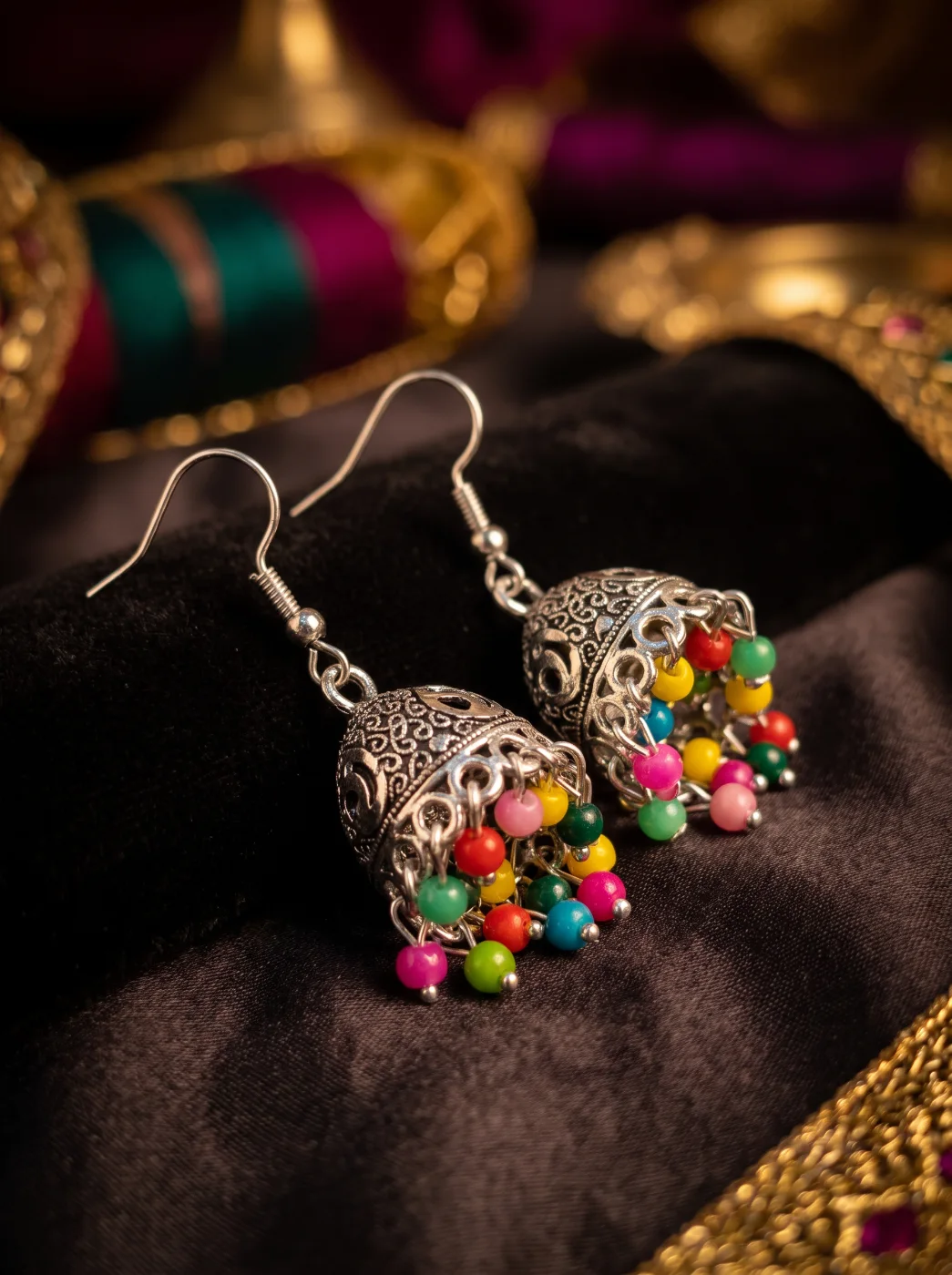 VM Silver Oxidized Jhumka Earrings with Multicolor Beads for Women