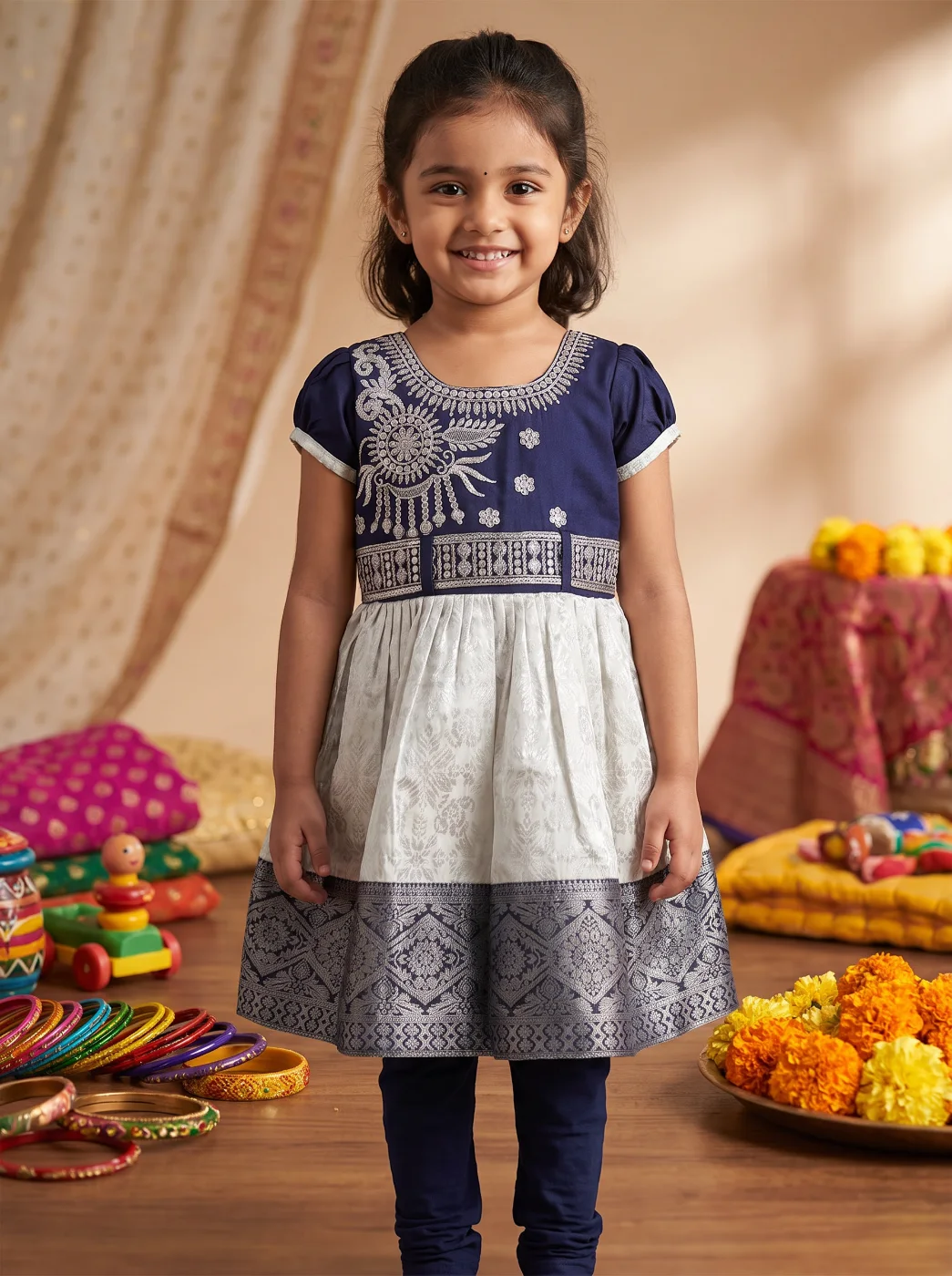 Girls Navy Blue & White Embroidered Ethnic Kurta with Leggings Set