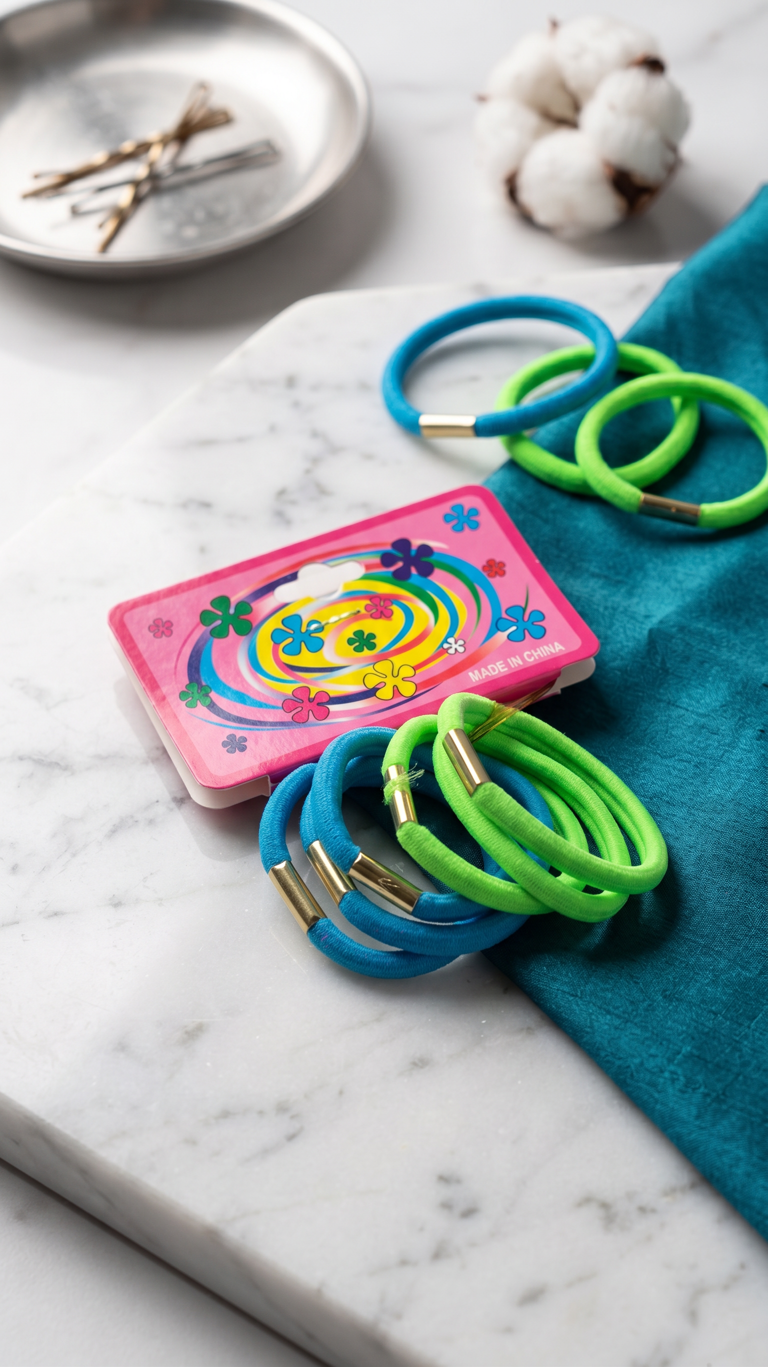 Pack of 5 Vibrant Elastic Hair Ties for Girls & Women - Blue & Green
