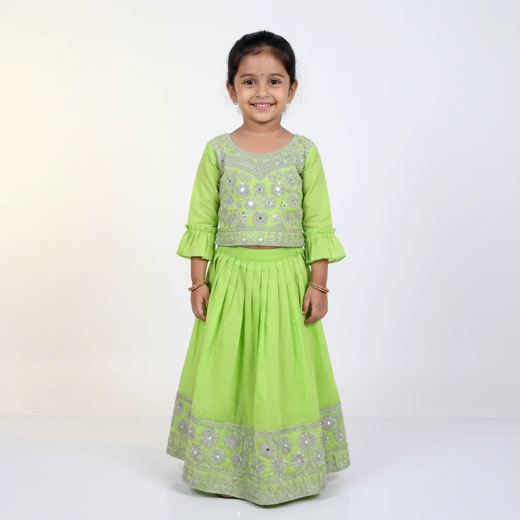 Girls Green Embroidered Lehenga Choli Set with Mirror Work