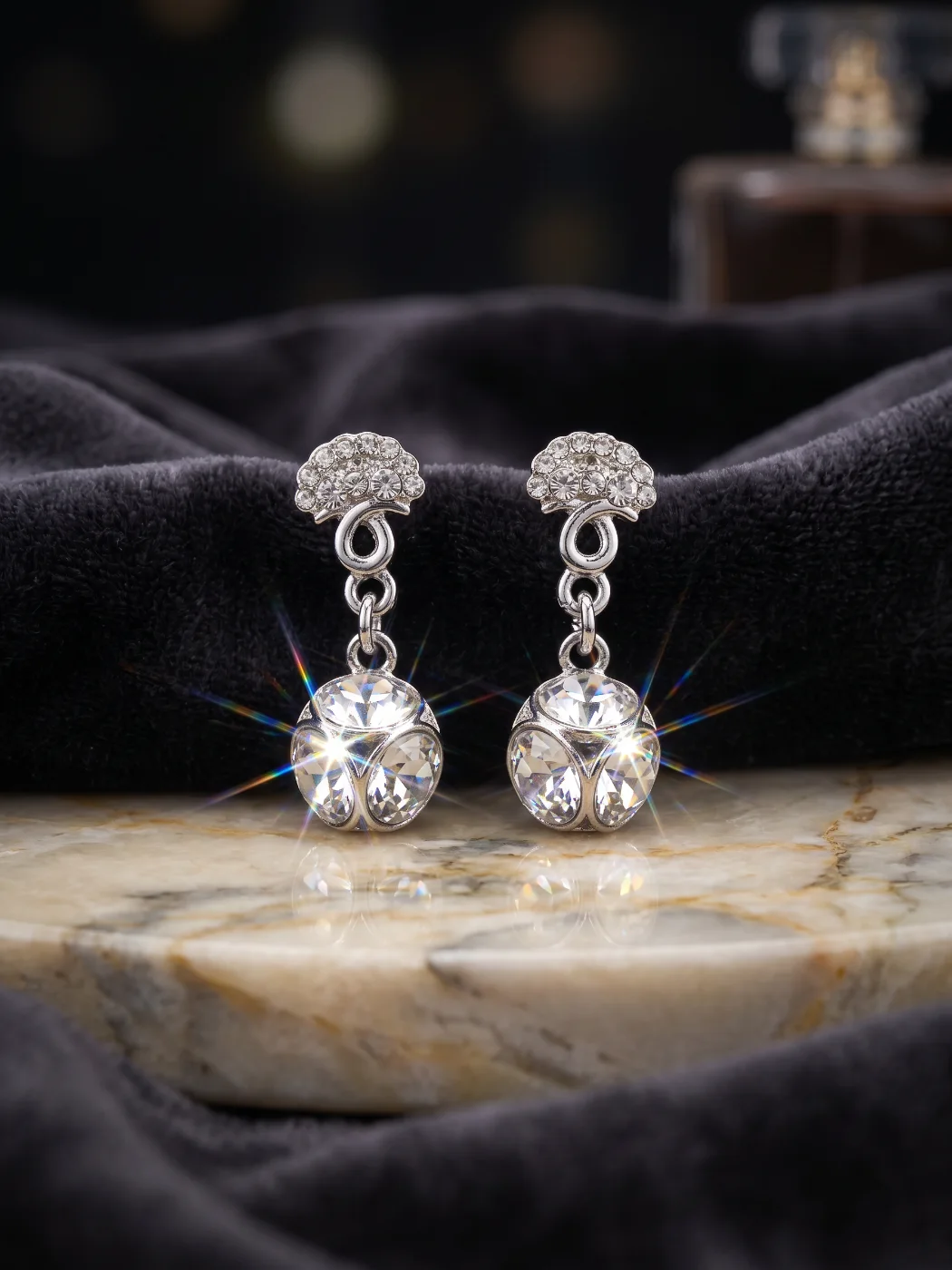 Silver Toned Crystal Studded Drop Earrings for Women