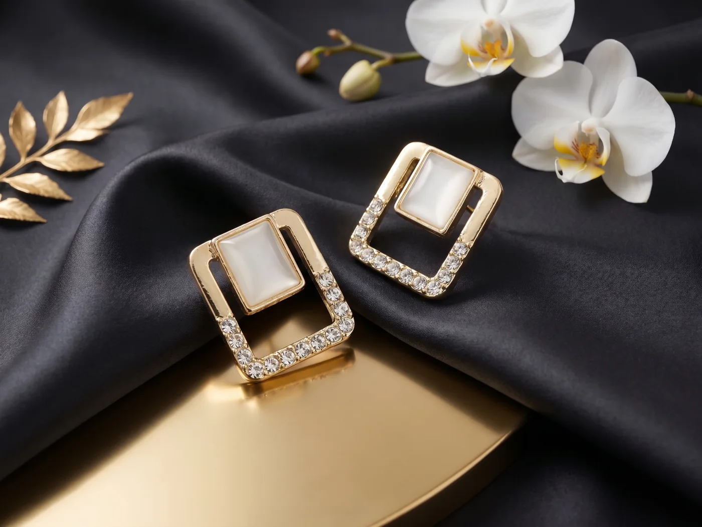 Elegant Gold Plated Geometric Stud Earrings with Rhinestones and White Stone for Women