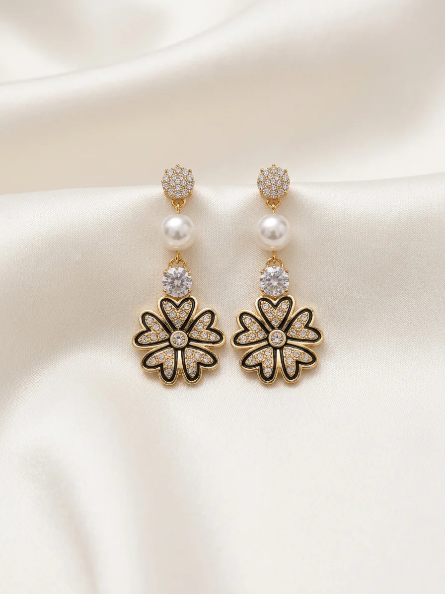 Gold-Toned Floral Dangle Earrings with Pearl and CZ Stones for Women