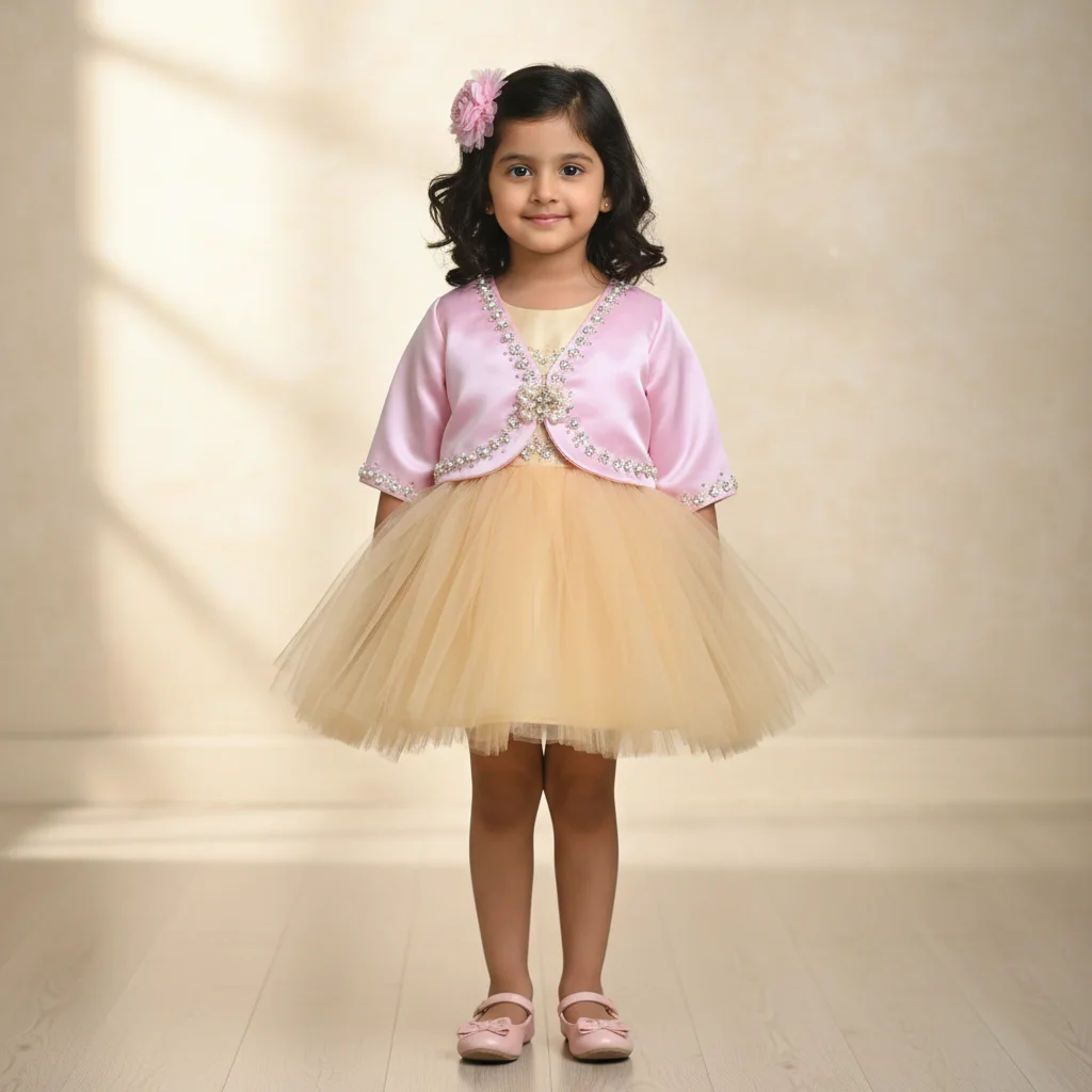 Girls Embellished Pink & Beige Tulle Party Dress