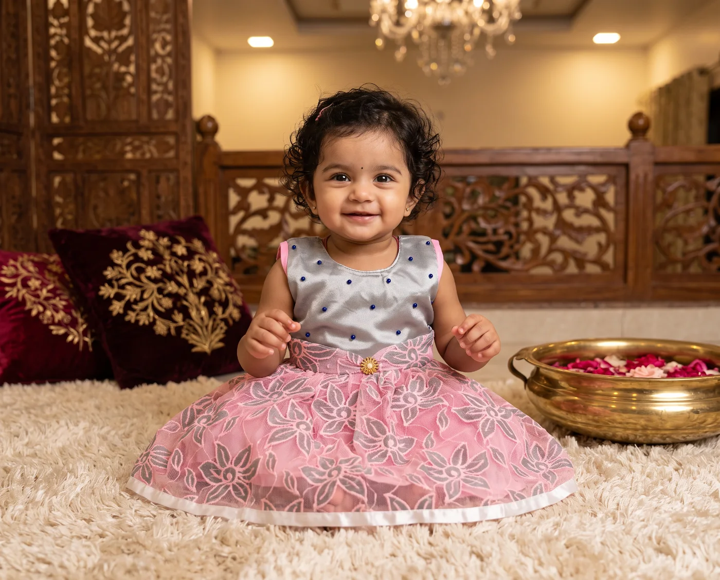 Baby Girl's Pink & Grey Floral Net Party Dress