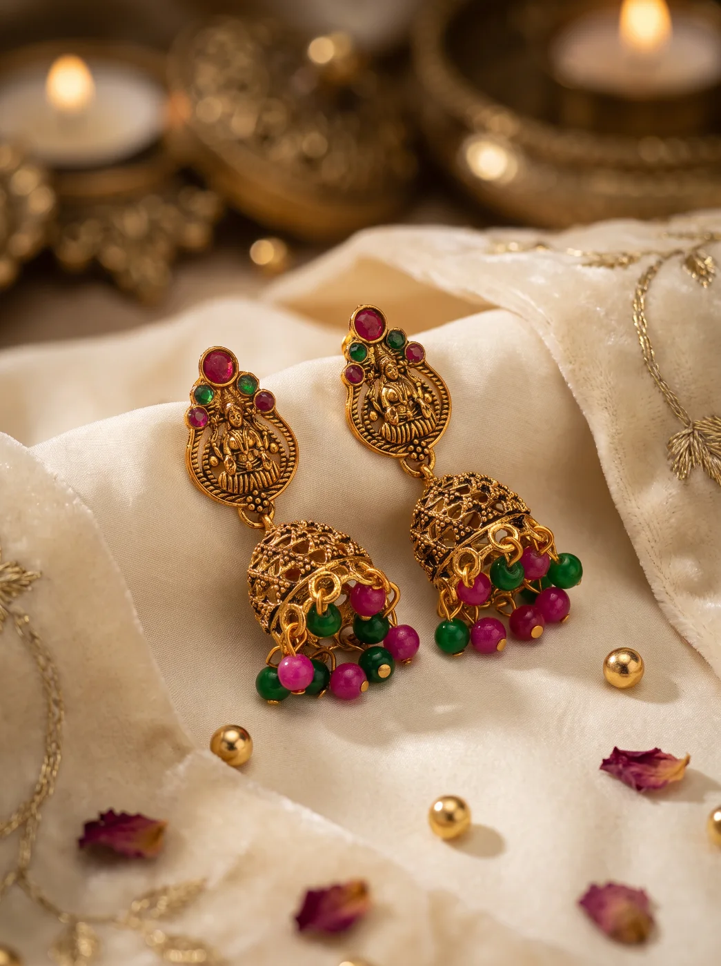 Traditional Gold Plated Lakshmi Jhumka Earrings with Pink Green Beads