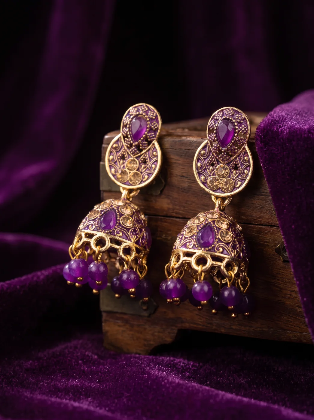 Traditional Purple and Gold Jhumka Earrings for Women