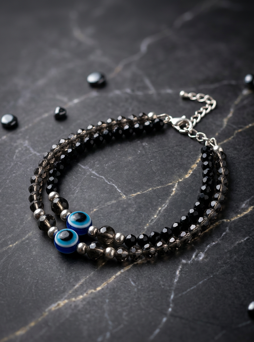 Evil Eye Double Strand Beaded Bracelet with Adjustable Chain